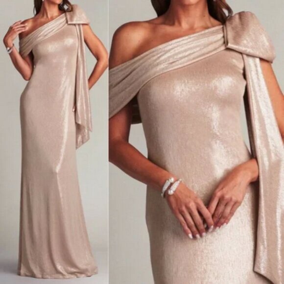 Tadashi Shoji Antique Pink Metallic Bow One Shoulder Gown - Picture 1 of 4
